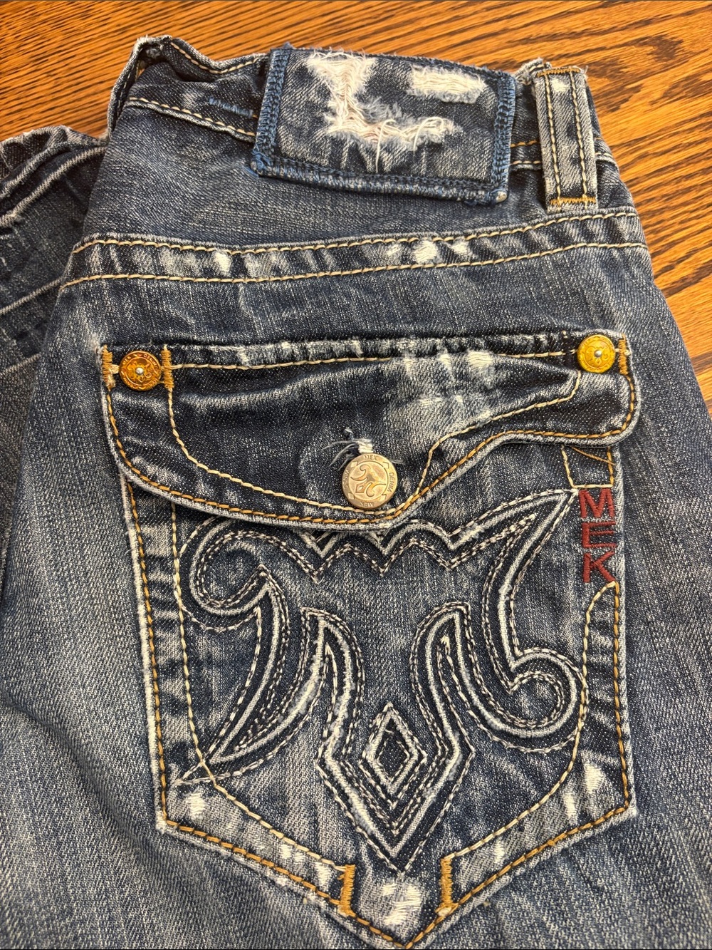 MEK DENIM Distressed W31/L 32 Med Wash Back-Flap Button Fly (M-131)